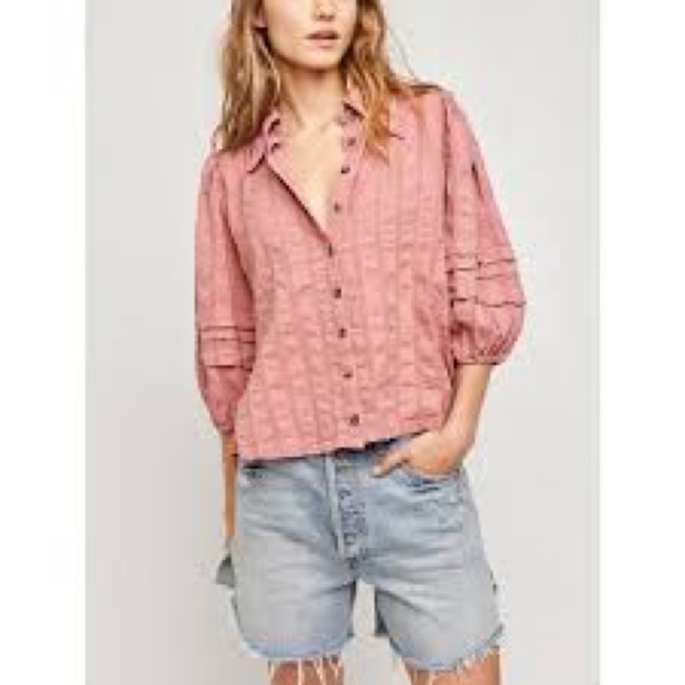 Free People Happy Days blouse clay roses puff sleeve 100% cotton cottagecore, L